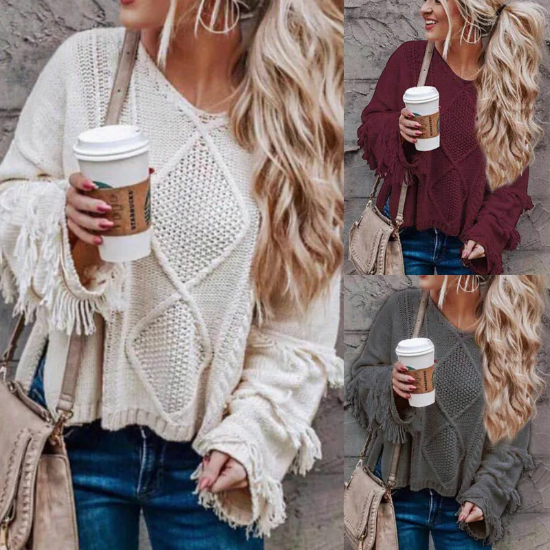 

Autumn Women Solid Color Tassels Flared Sleeves Knitted Sweater Pullover V Neck Loose Sweater Outwear women pullover sweaters