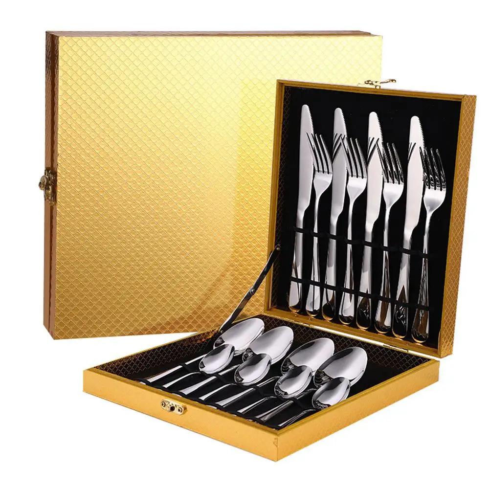 

Cutlery Set Wedding Spoon And Fork Knife 16Pcs Stainless Steel Flatware with Wooden box, Silver,rosegold