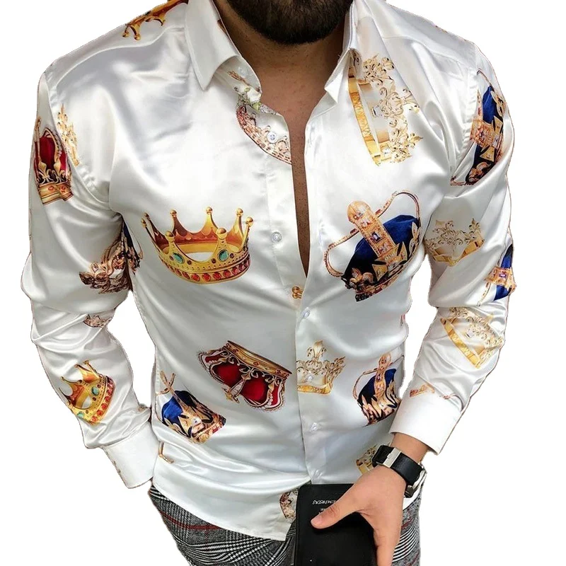 

Autumn new crown print cardigan shirt slim men's casual long-sleeved shirt