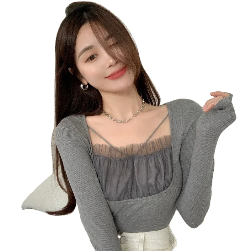 

Mesh Patchwork Long Sleeve Ladies Tops New Solid Square Collar Tees Spring Autumn New Hipster Causal T Shirt for Women Clothing