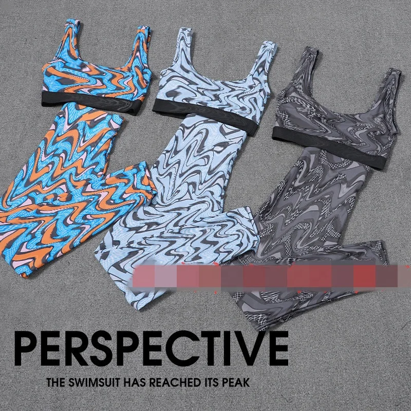 

Newest Letter Pattern Spilt Swimsuit Vest Pants Sports Suit Swimwear Split Two-piece Swimsuit, Shown