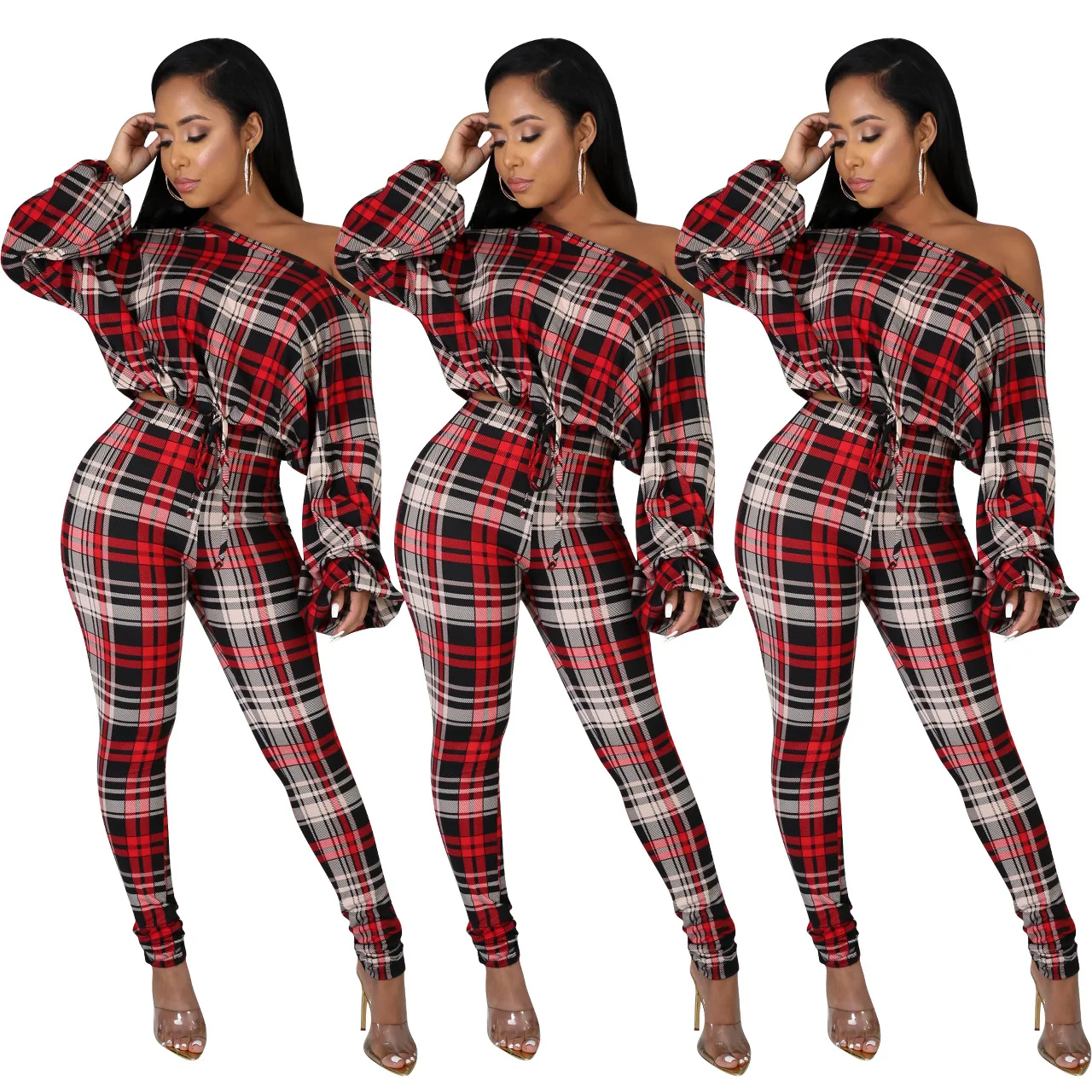 

9S4U 2020 new ladies autumn casual two piece set plus size plaid round neck long sleeved pencil pants women 2 piece set clothing, Customized color