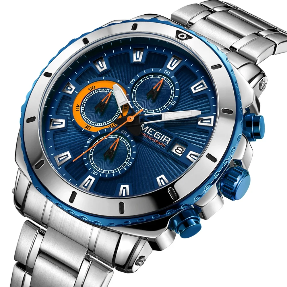 

MEGIR 2075 Watch Hot Sell Casual Chronograph Quartz Watches Men Wrist Luxury Stainless Steel Business Wristwatches Relogio, 3-colors