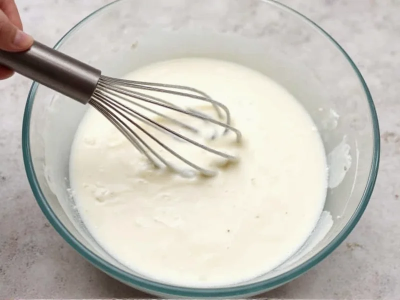 Whisking ranch dressing in glass bowl