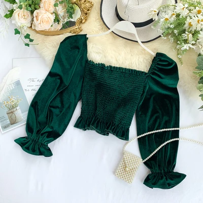 

2020 French vintage style women square neck elastic puff sleeve velvet blouse tops