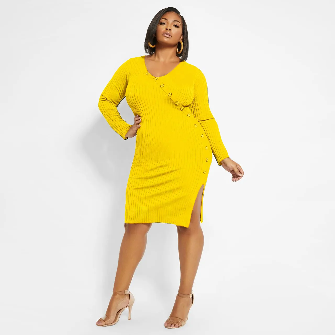 

High quality 2020 new fashion plus-size dress with slit buttons and slit sleeves, Shown