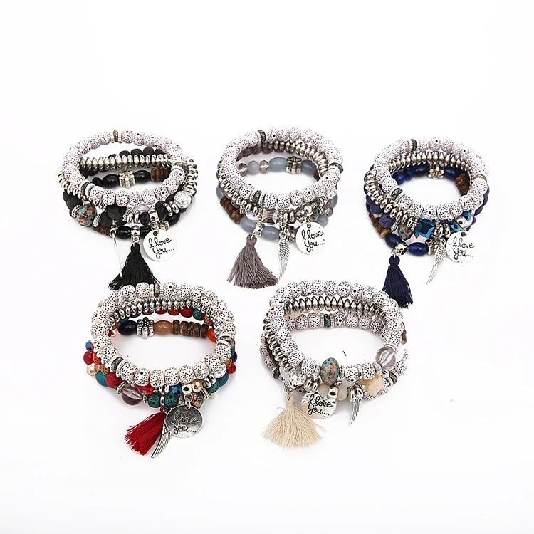 

New Design 4 Pcs Set Multi Layer Jewelry Type Feather Natural Handmade Tassel Beaded Bracelet For Women