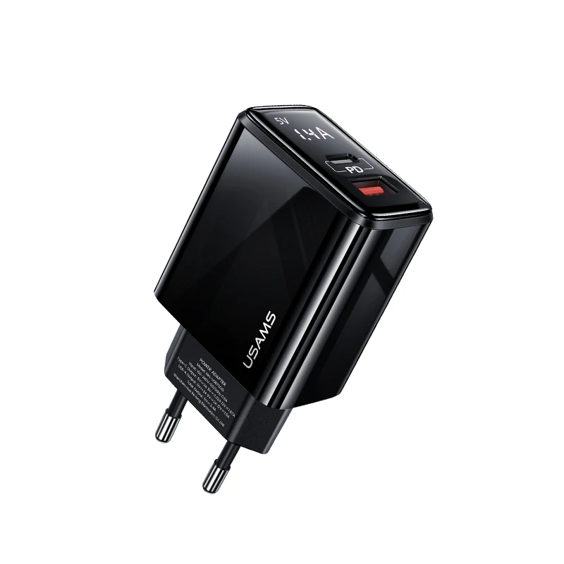 

USAMS Best Selling Products 2021 Unique CC133 T40 QC3.0+PD Digital Display 1 Port Of Type-C And 1 Port Of USB 20W Fast Charger, Black