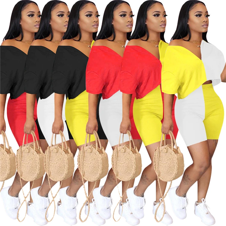 

Color Block Deep V Neck 2 Piece Short Set Summer Womens Clothing 2021 Sexy Short Sets Women Two Piece Outfits, As pictures or customized color