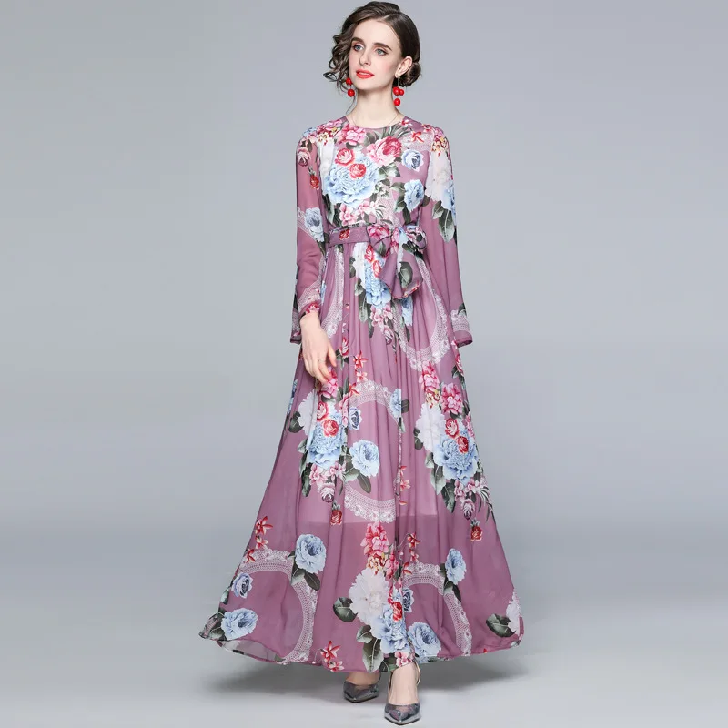 

Wholesale dress long skirt 2021 spring and summer mid-length long-sleeved holiday style big chiffon print big swing skirt, Picture