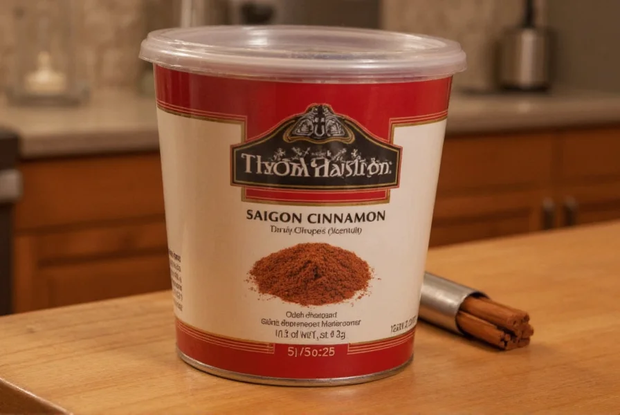 Close-up photograph of Olde Thompson 1400-25 Saigon cinnamon 5.2-ounce container showing rich reddish-brown color and fine texture against wooden kitchen background