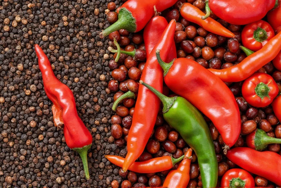Various pepper varieties including black peppercorns, chili peppers, and bell peppers arranged artistically