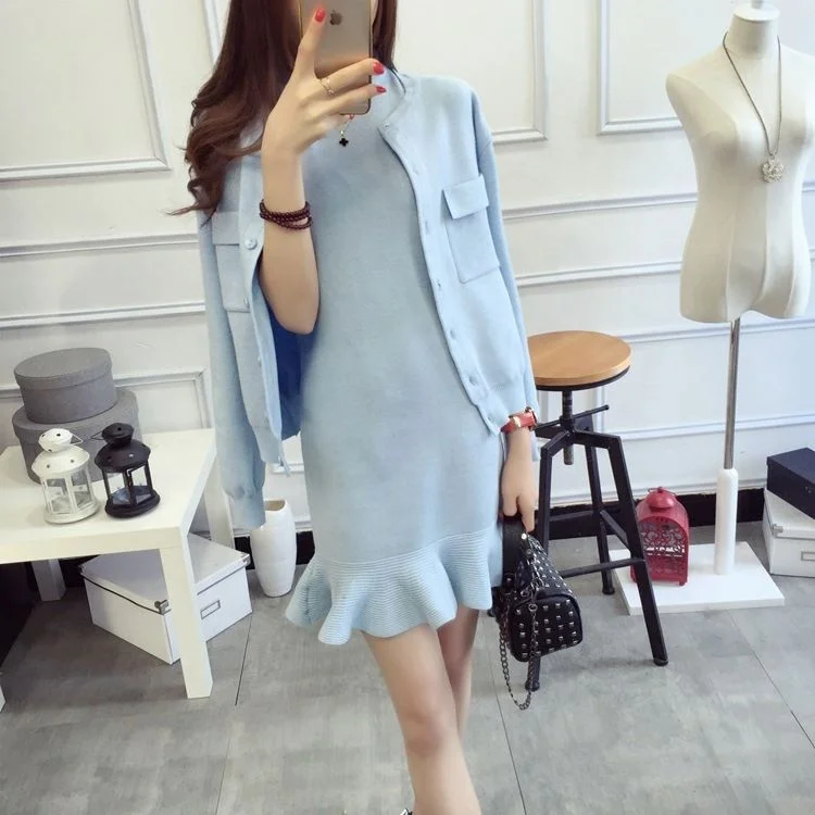 

Hot Sale Pink Lady Slim Fit Crew Neck Sleeveless Dress Short Cardigan Sweater