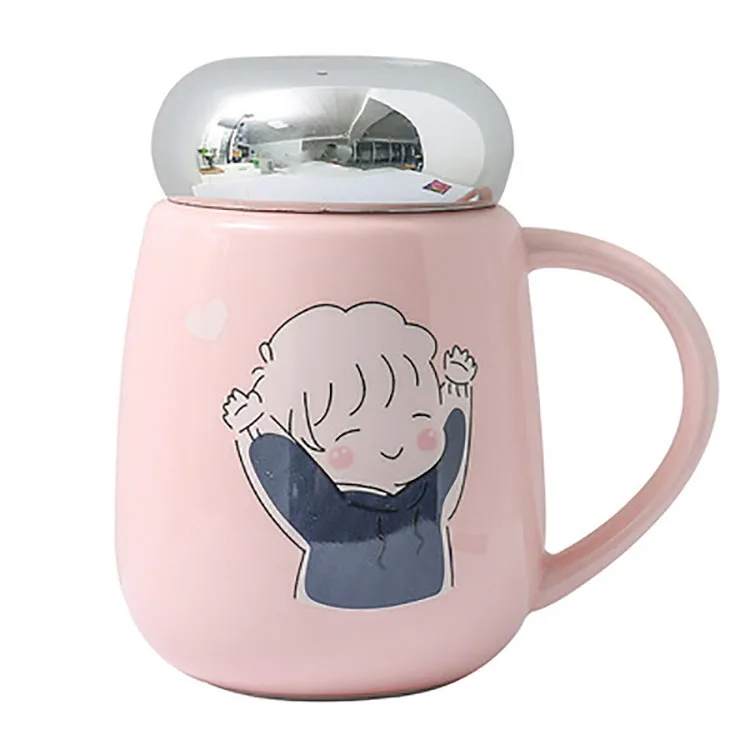 

Japanese cartoon mirror lid leak proof breakfast milk cup ceramic coffee pink mugs
