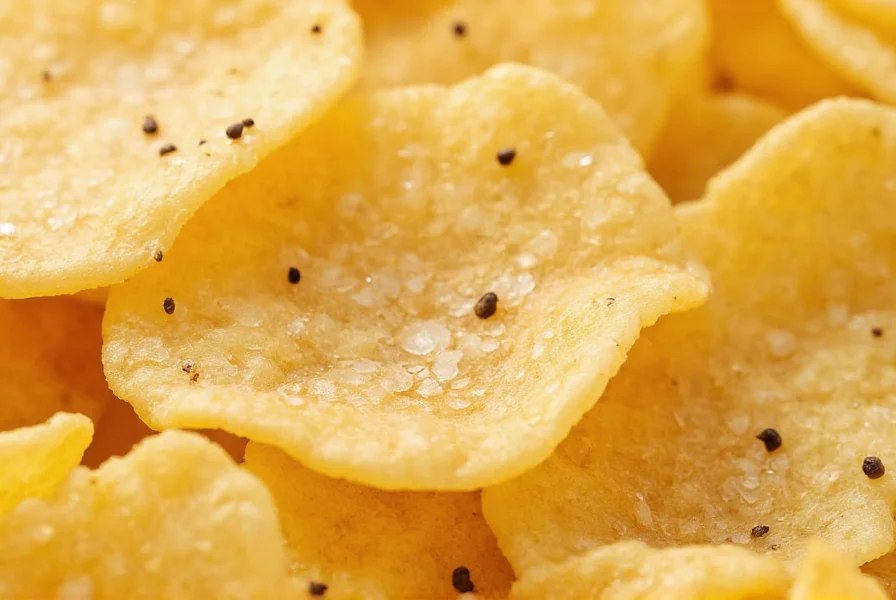 Close-up photograph of salt and pepper chips showing visible coarse salt crystals and black pepper specks on golden potato chips