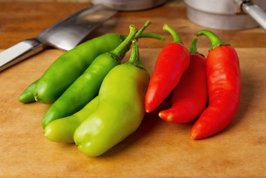 Close-up photograph of fresh Sargento peppers showing their tapered shape and color progression from green to red on a wooden cutting board with traditional Brazilian cooking utensils