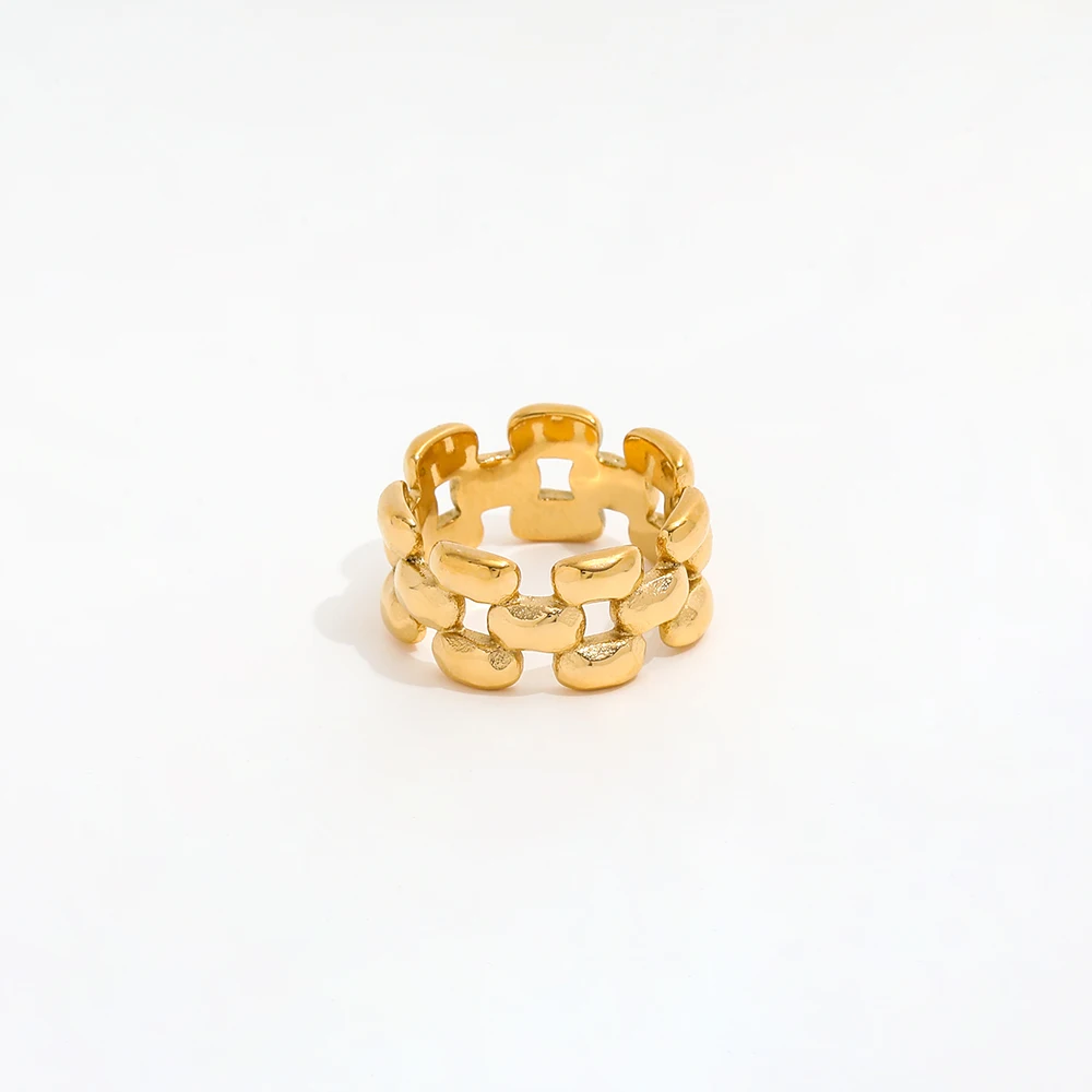 High End 18K Plain Gold Link Chain Hollow Mesh Statement Rings Stainless Steel Trendy Jewelry