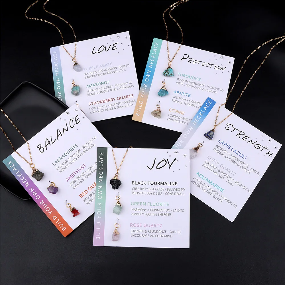 

New Healing Crystal Pendant Necklace Set For Women Love Joy Strength Balance Protection Raw Stone Agate Stone Necklace With Card