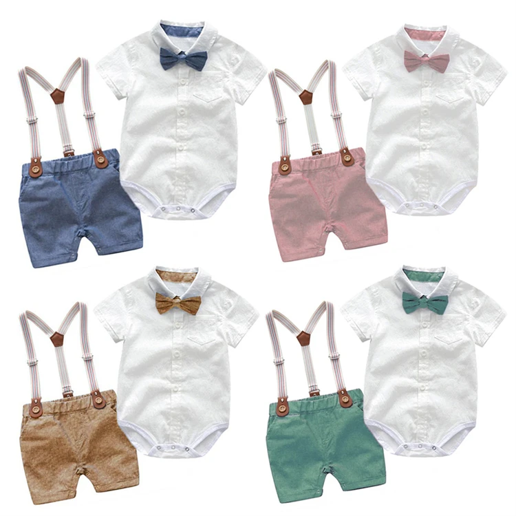 

Hot sale Baby boy clothes summer newborn party dress soft cotton solid romper belt pants infant Toddler suits