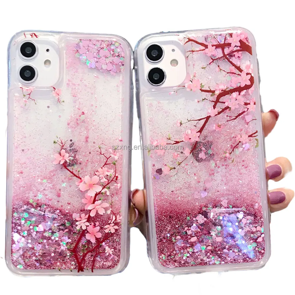 

Sparkle glitter phone case flowers for iphone 12 pro max, tpu Peach blossom quicksand liquid glitter phone cover flower flora