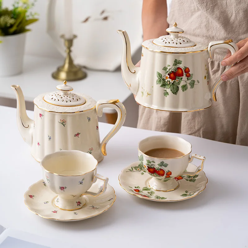 

Turkish Retro Ceramic Afternoon Tea Pot Set Palace Style Flower Gold Rim English Teapot Coffee Cup Saucer Home