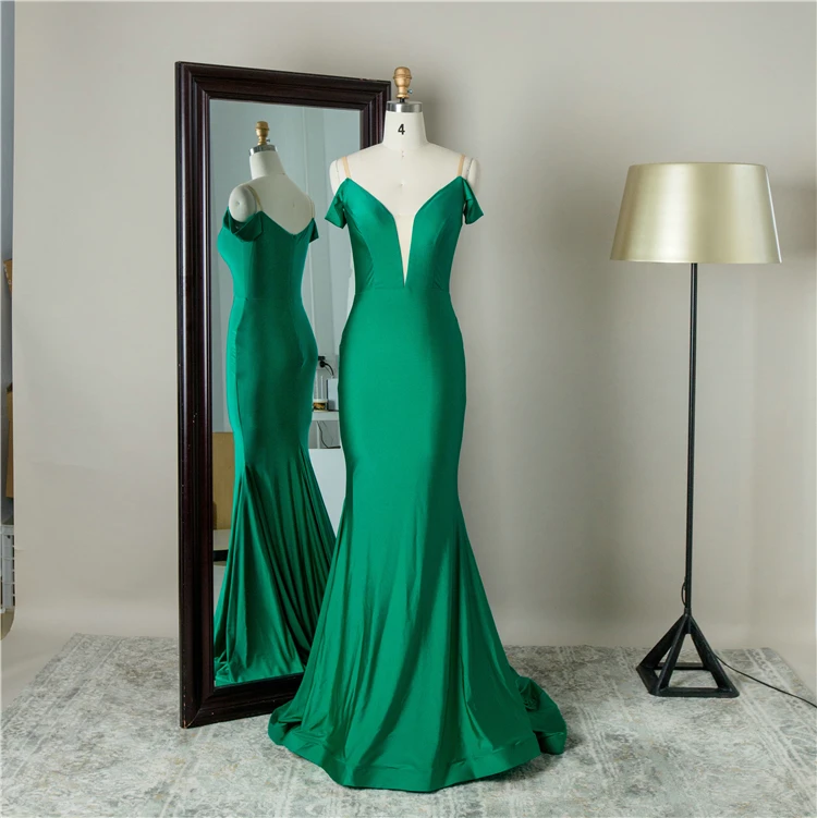 

Chaozhou factory cheap prices off shoulder elastic satin bodycon green mermaid porm evening dresses