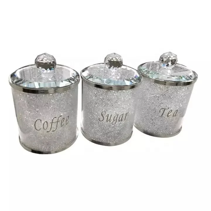 

Tea Coffee Sugar Glass Canister Set Storage Jar with Clear Crushed Diamond Crystals Inside Beads, Customized color