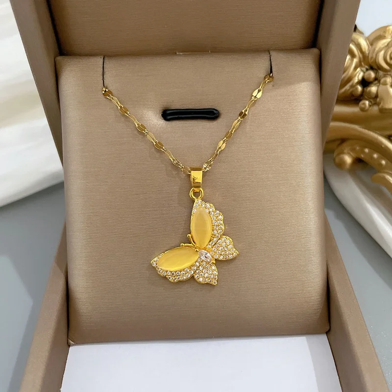 

Free Shipping Jewelry Opal Gemstone Jewellery Plated 18K Gold 316L Stainless Steel Butterfly Necklace Women