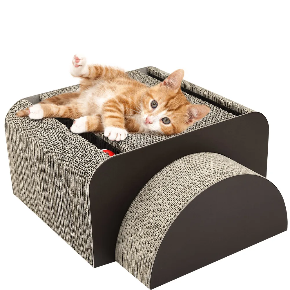

2-in-1 Cat Scratcher Board, Multifunctional Rectangle Cat Scratching Cardboard with Round Bell Ball & Organic Catnip, Brown
