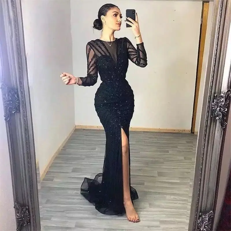 

Luxury Black Mermaid Long Sleeve Arabic Evening Dress For Women Party Front Split Dubai Graduation Prom Dress Sz113