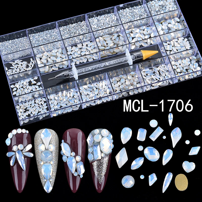 

New 21 Grids Mix Design White Opal Crystal flat back Nail Art Stone Rhinestones Nail Gem Box