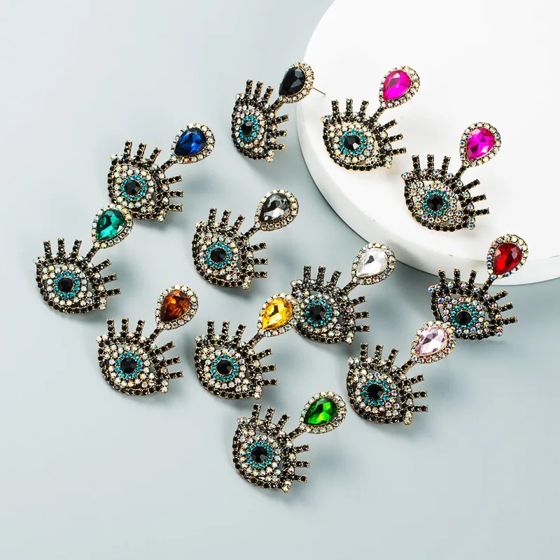 

Fashion Statement Evil Eye Earrings Charm Colorful Diamond 18K Gold Plated Alloy Rhinestone Earrings for Women Jewelry