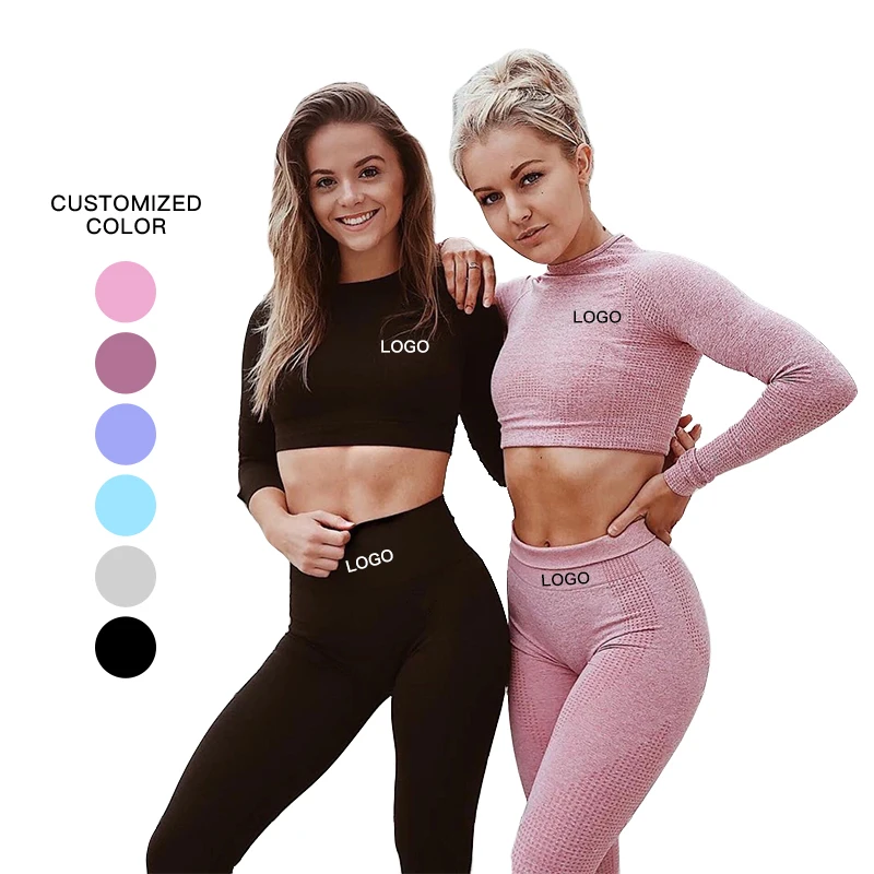 

Custom Logo Women 2020 Fitness TOP And Leggings Pink Seamless Gym Clothing Workout long sleeve yoga set, 6 existing colors, also can be customized