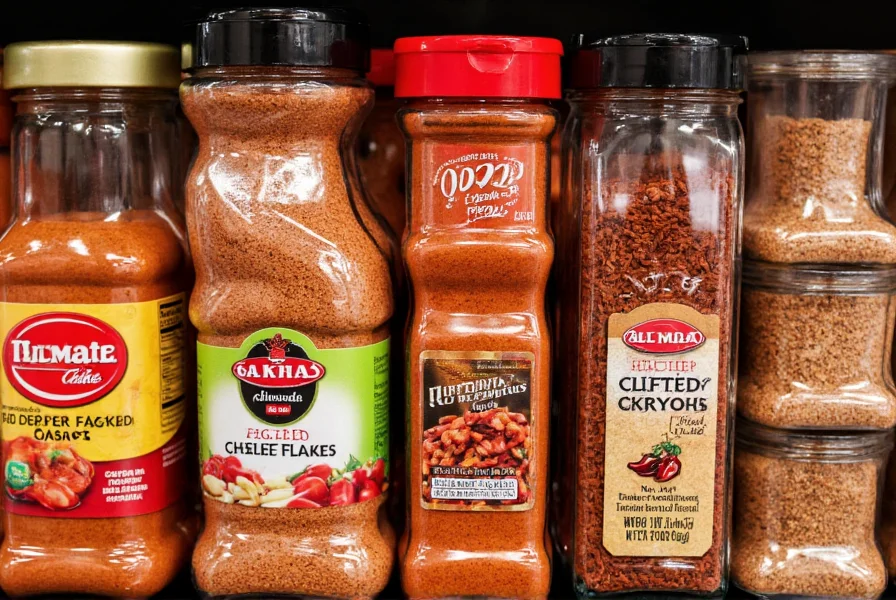 Various spice jars labeled red pepper flakes and chili flakes showing different brands and packaging styles