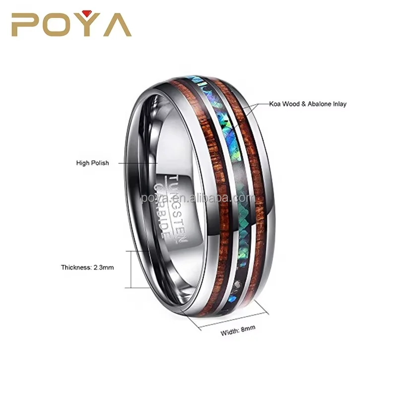 POYA Jewelry 8mm Mens Wedding Bands Hawaiian Koa Wood and Abalone Shell Tungsten Carbide Rings Comfort Fit Engagement MEN'S Gift