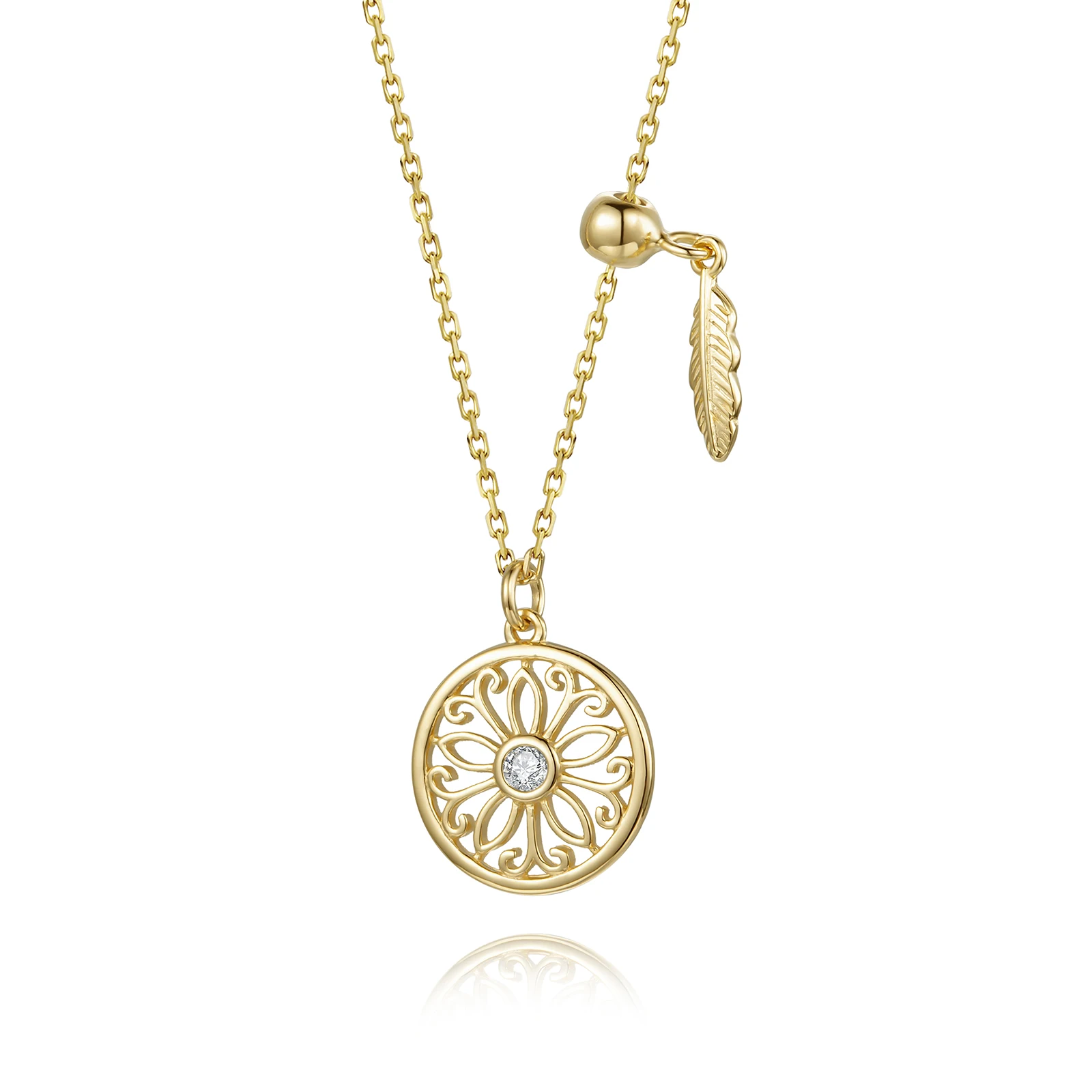 

Trendy Gold Plated Necklaces CZ Coin Sunflower Diamond Chain Sterling Silver 925 Necklace, Gold color