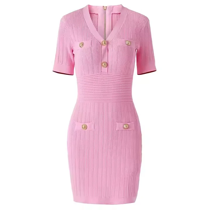 V Neck Short Sleeve Sheath Knitting Dress