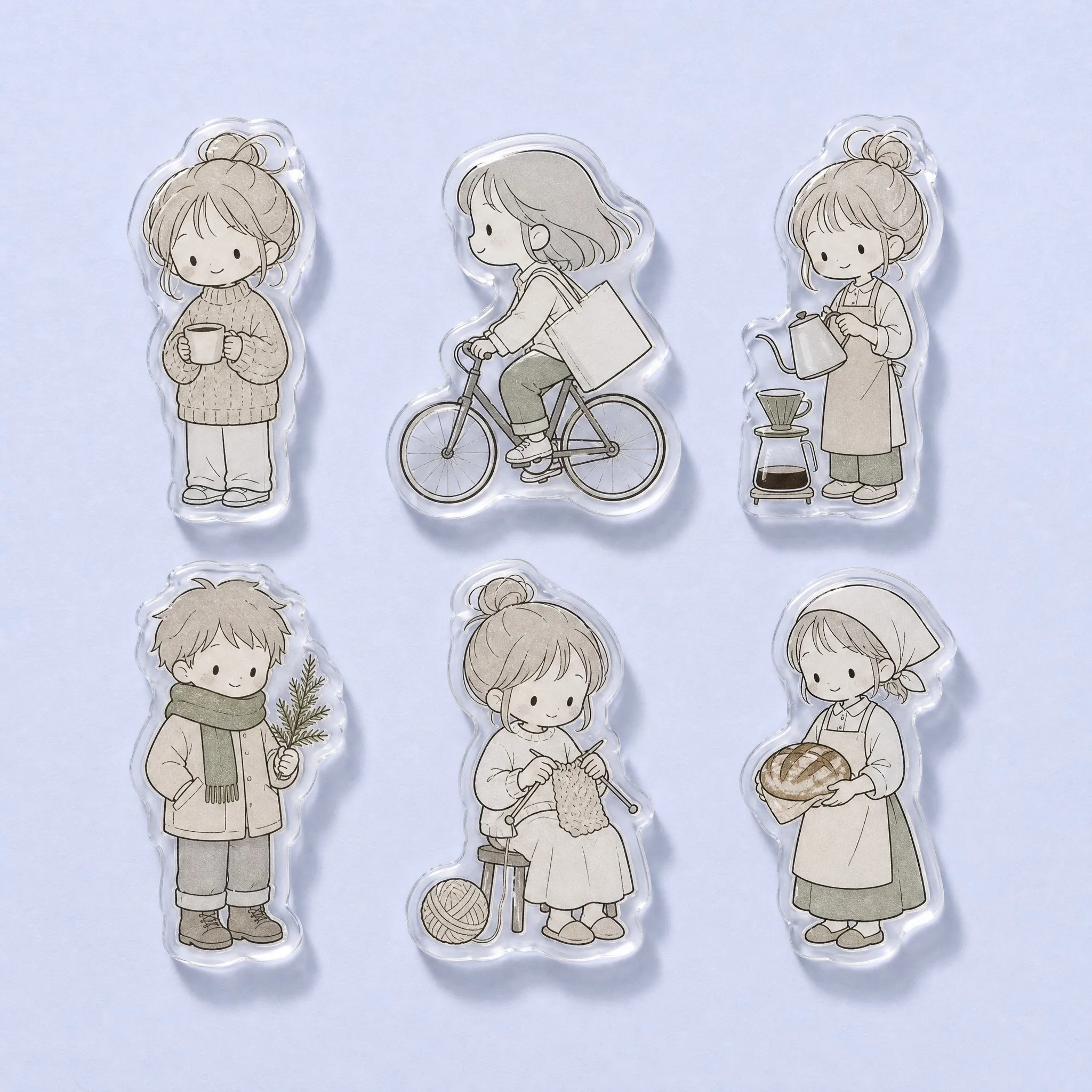 6 Cozy Daily Life and Healing Chibi Figures: Tea Sweater Girl, Bicycle Commuter, Coffee Barista, Pine Winter Boy, Knitting Wool Girl, Bakery Sourdough Maid