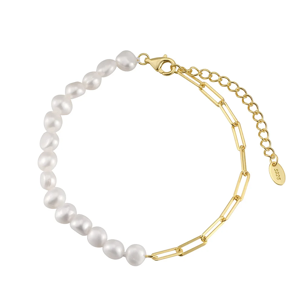 GPB01 RINNTIN 925 Sterling Silver Paper Clip Vintage Chunky Link Chain Freshwater Pearl Bracelet for Women Girls