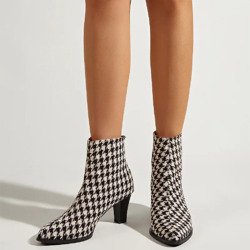 

2022 New Arrivals Women's Ankle Boots Pointed Thick High-heel Houndstooth Fabric Women's Fashion Boots