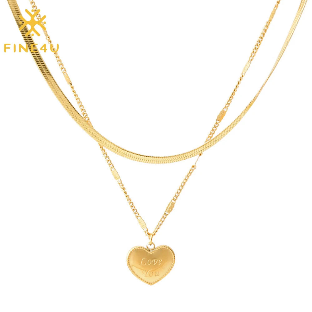 

Fashion jewelry layered gold plating engraved LOVE YOU heart pendant stainless steel snake chain necklace