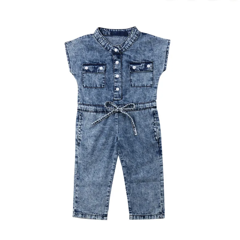 

Summer Toddler Baby Girls Denim Clothes Romper Children V-neck sleeveless Button Pocket Up Romper Kids Long Jumpsuit Overalls, Photo showed and customized color