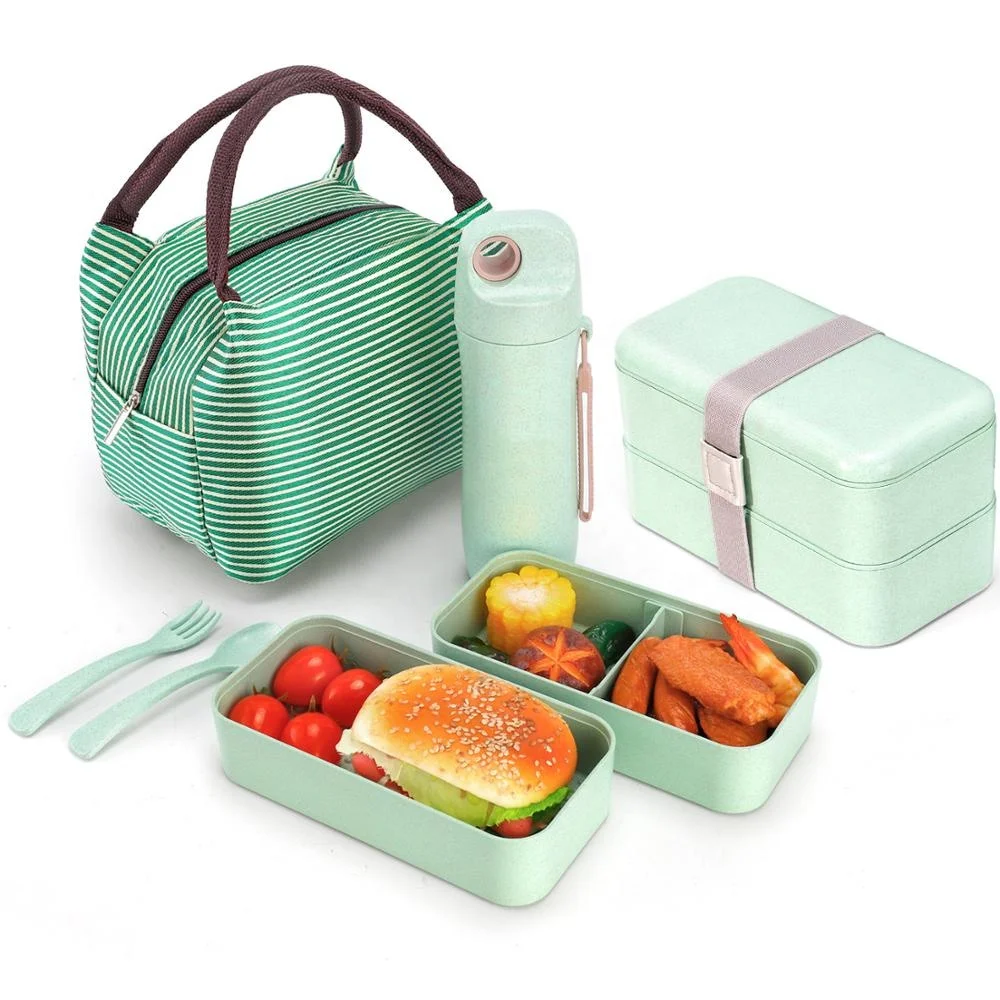 

Kids School Eco Food Container Thermos Microwaveable Bento Lunch Box Wheat Straw Box With Water Bottle And Lunch Bag, Blue/green/pink/beige/black/white/custom color