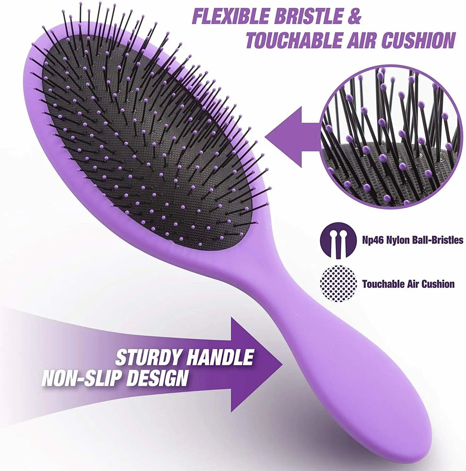 

Private Label Rubber Handle Plastic Cushion Detangling Wet and Dry Hair Brush Massages Scalp Promotes Hair Growth Great