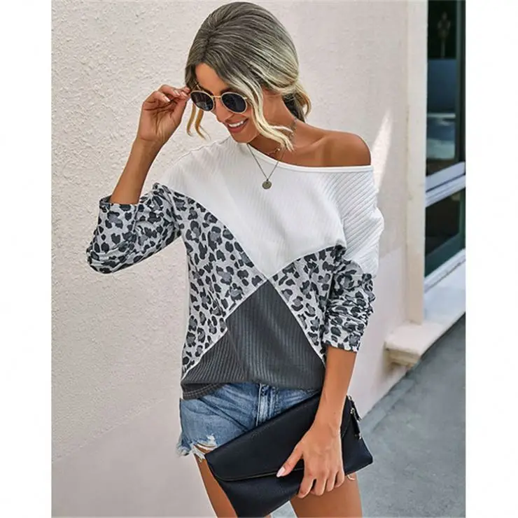 

Hot Onsale Leopard Print Patchwork Women's Fashion Blouses & Shirts O-Neck Long Sleeve Ladies Blouses Tops T-Shirt Women Knit