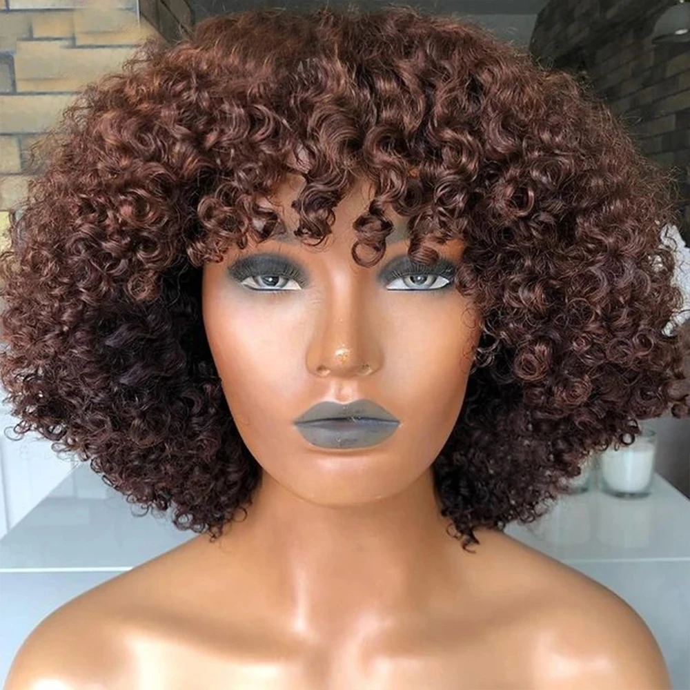 

Dark Brown Bouncy Curly Fringe 30inches Human Hair Wigs With Bangs Indian Kinky Curl Full Machine Made Wig 250Density For Women, Natrual color wig