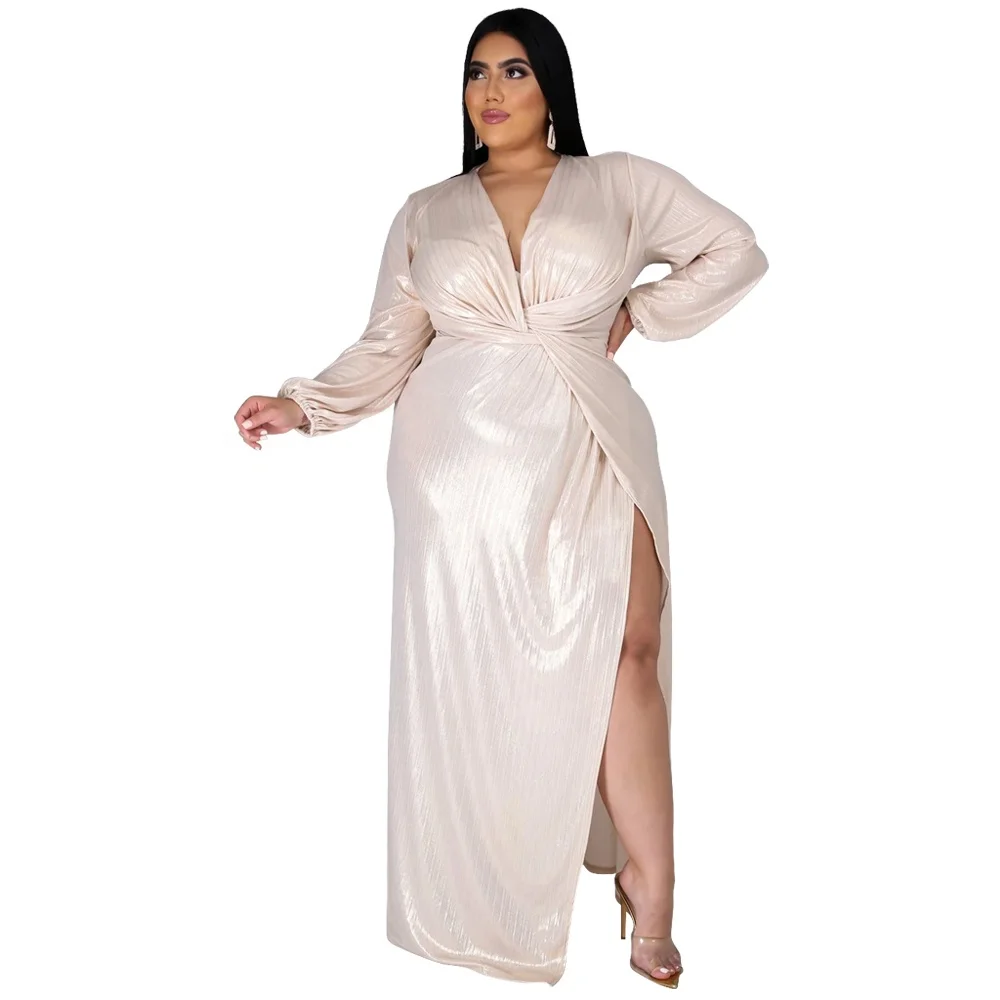 

Irregular large size dress in autumn and winter 2020 solid color European and American fashion V-neck long sleeve high waist ski, Shown