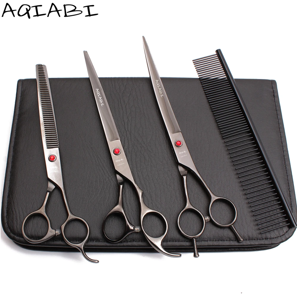

Dog Scissors Set 8" AQIABI Japanese Steel Dog Grooming Scissors Straight Scissors Thinning Shears Black A3005, Black color