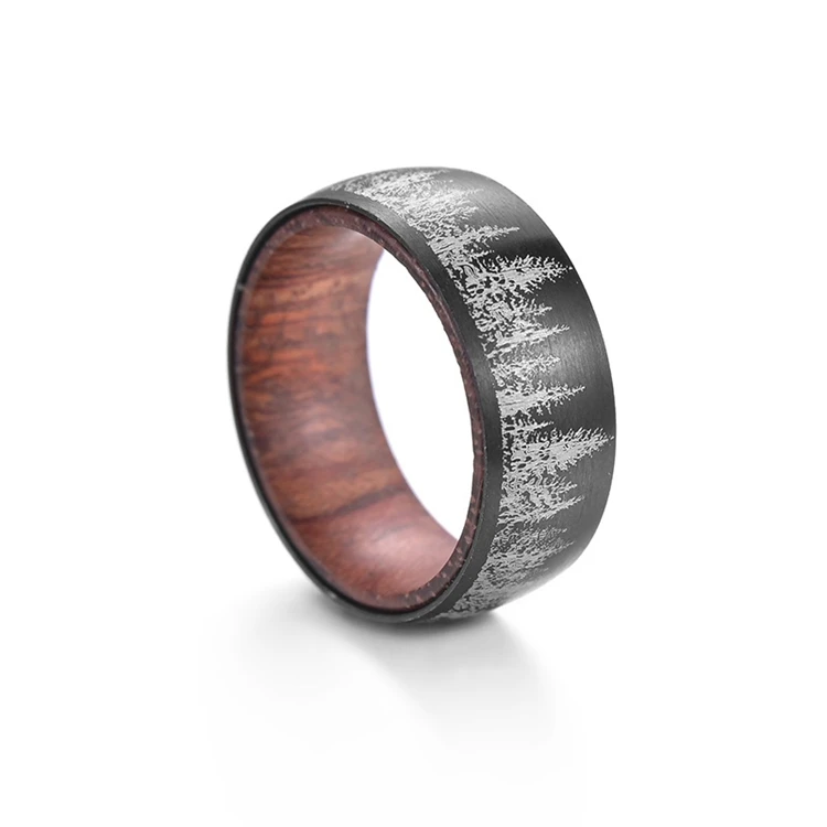 

NUORO Simple Fashion Index Finger Rings Women Men Wedding Band Jewelry 6mm/8mm Black Brushed Forest Landscape Wood Inlay Ring