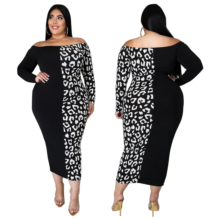 

2021 Leopard Printed Patch Plus Size Off Shoulder Long Sleeve Elegant Party Dating Daily Life Women's Clothes Casual Maxi Dress